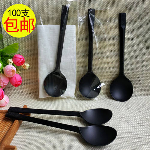 纸巾汤勺一次性勺子塑料单独包装加厚黑外卖打包勺粥勺饭勺甜品勺 - 封面