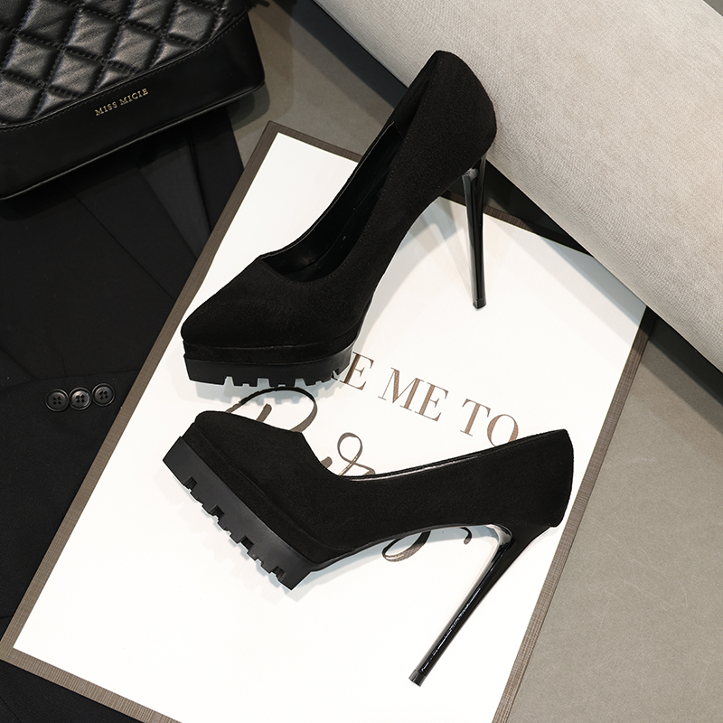 2025新款尖头12cm小个子超高跟鞋女细跟防水台法式不累脚绒面单鞋