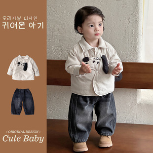 小男孩夹棉外套男童加绒牛仔休闲裤男宝两件套一岁婴幼童套装冬季