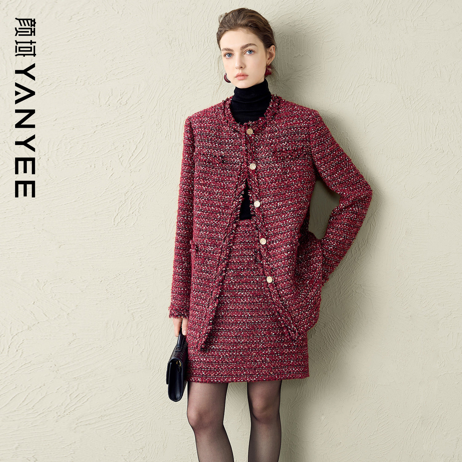 颜域小香风毛呢外套半裙两件套装女士2025新款冬季时尚穿搭一整套,女装/女士精品,时尚套装,淘宝优惠券,粉丝福利购,淘宝优惠卷