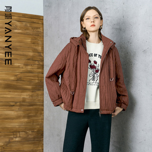 颜域复古短款棉服女款冬季2025新款砖红色休闲外套立领连帽棉衣女