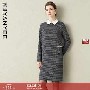 复古短款 颜域长袖 时尚 新款 格子裙 娃娃领直筒连衣裙女士2025秋冬装