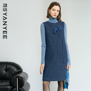 颜域绵羊毛优雅连衣裙女士2025新款冬装中长款圆领裙子毛呢背心裙