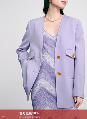 颜域紫色女士无领西装外套2025秋装新款高级感修身薄款气质小西服