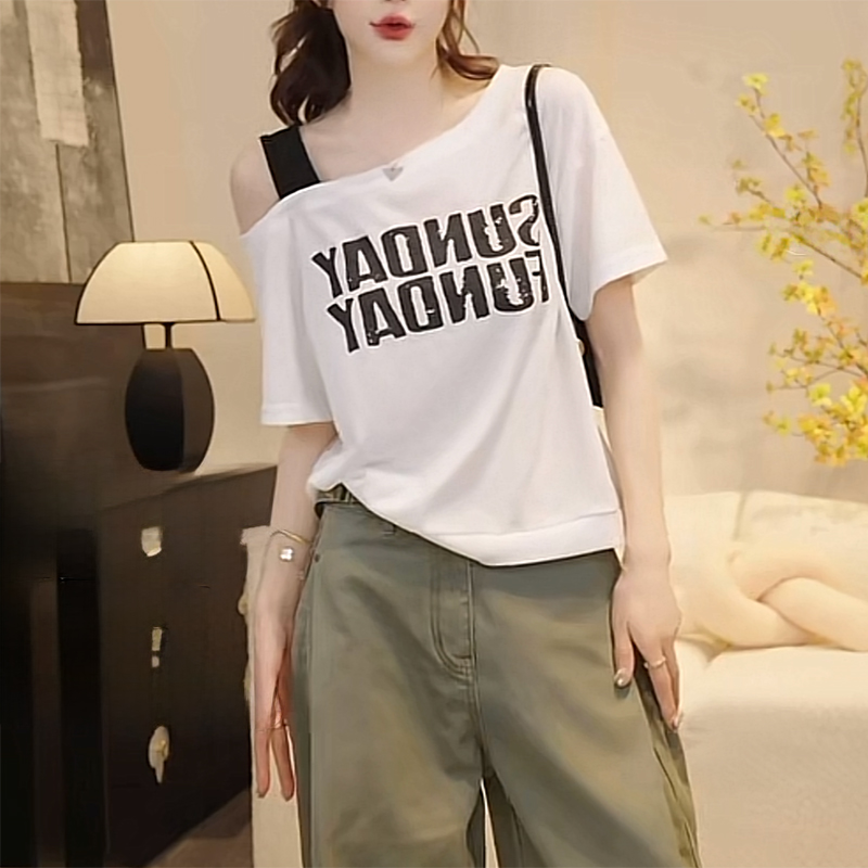 韩版宽松漏肩短袖T恤女2025夏季新款字母印花设计感别致漂亮上衣