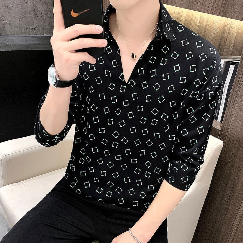 V领polo衫男士痞帅衬衫短袖男款夏季冰丝2025新款高级感七分袖t恤