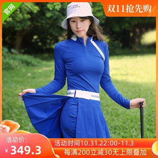 GLIFE高尔夫服装女秋冬长袖T恤蓝色上衣半身百褶裙子两用网球套装