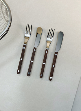 法式复古木纹夹柄304不锈钢西餐具刀叉勺子牛排刀甜品勺高档餐厅