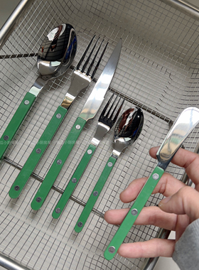 s家好物复刻304不锈钢餐具套装绿色手柄刀叉勺家用高档防霉餐具