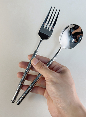 锤纹西餐刀叉餐具套装家用法式304不锈钢吃牛排餐刀盘叉勺2件套