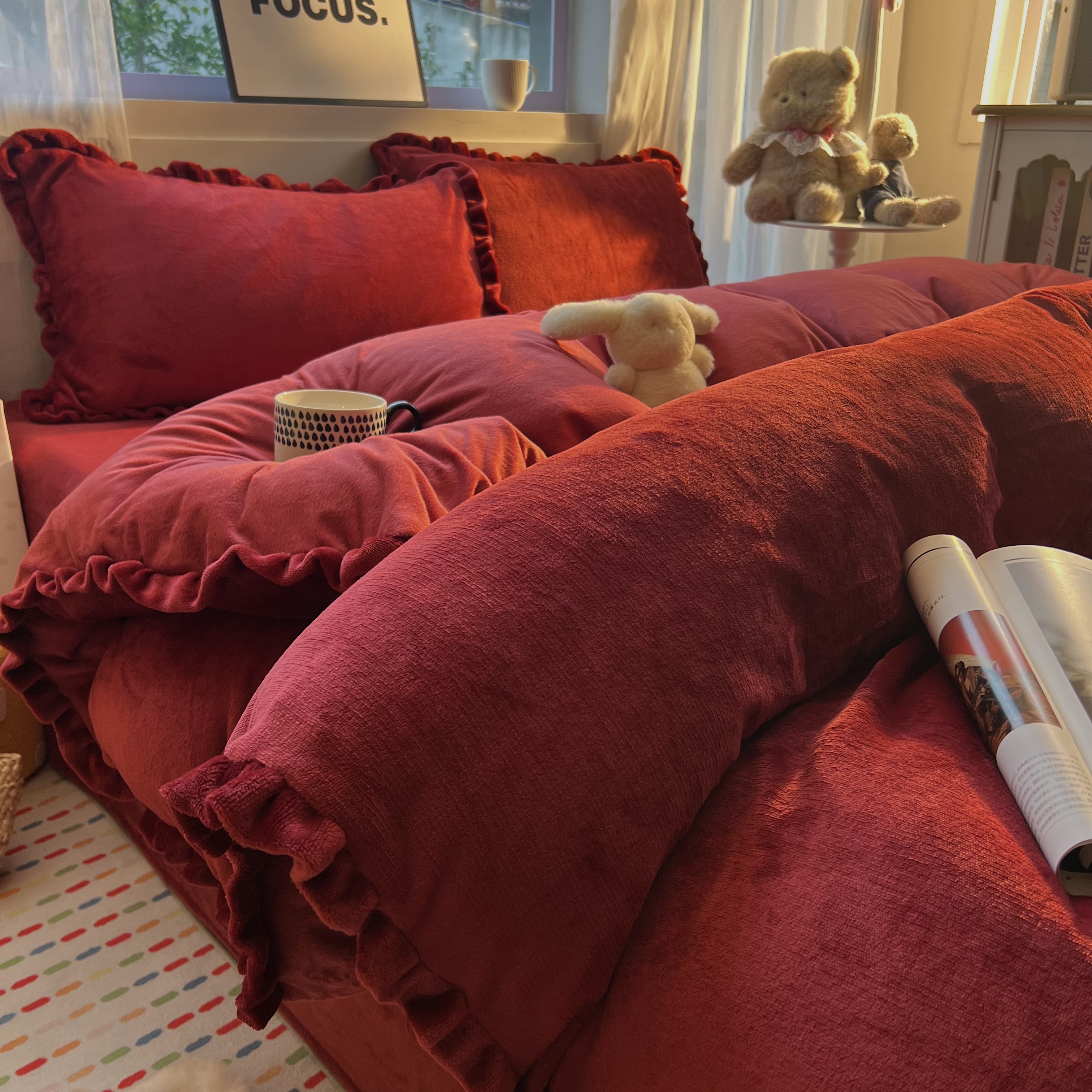 韩系高级感红色牛奶绒花边四件套