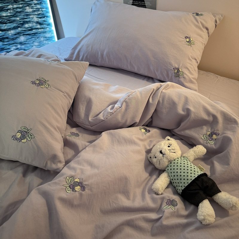 刺绣小清新紫色葡萄四件套水洗棉