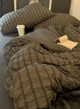 简约高级感纯灰色泡泡纱床上四件套柔软裸睡纯色被套床单人三件套