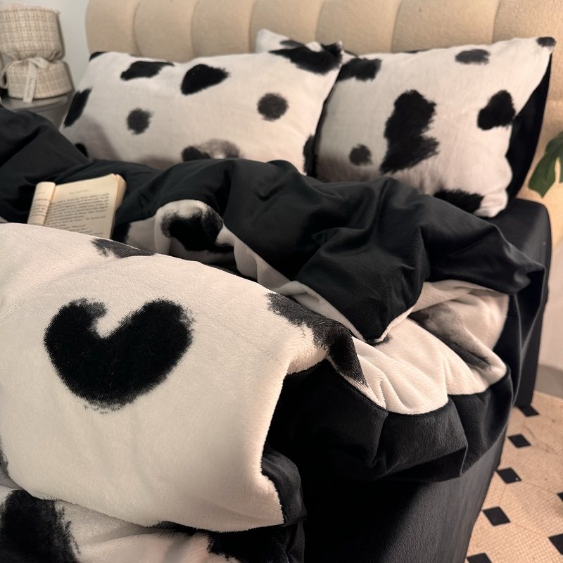 黑白豹纹牛奶绒四件套冬季纯色珊瑚绒床单双面绒被套宿舍床上用品