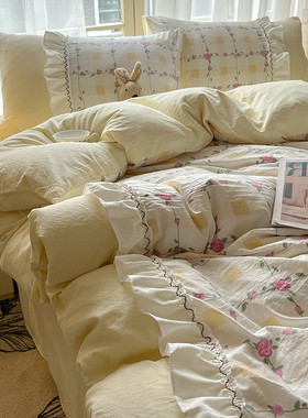 法式少女花边款奶黄色田园碎花被套四件套柔软床单被罩宿舍三件套