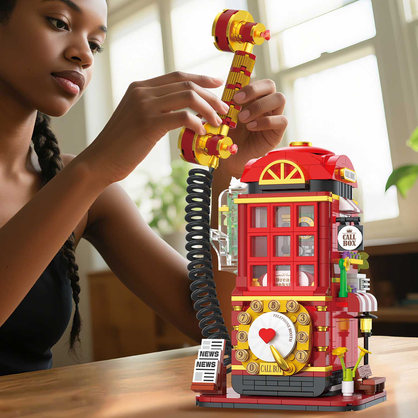 哲高复古电话亭mini颗粒拼装模型