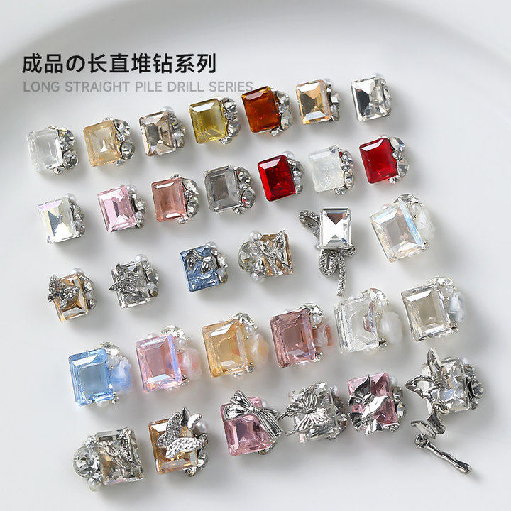 蝴蝶结美甲堆堆钻饰品爆闪长直角镶钻珍珠合金成品指甲堆钻饰2个