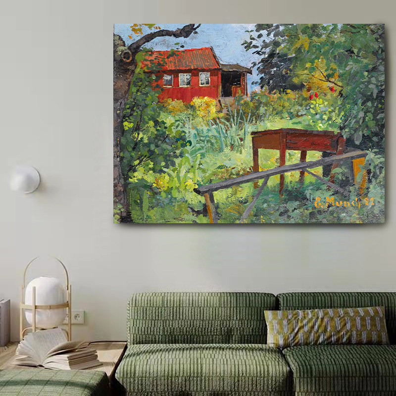纯手绘油画蒙克有红房子花园名画风景现代简约餐厅卧室玄关装饰画