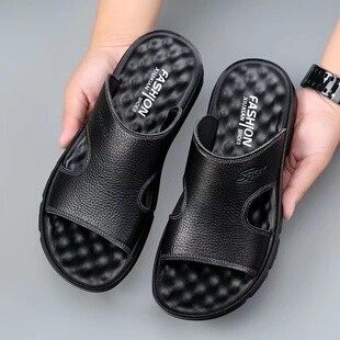 真皮拖鞋男全牛皮夏季外穿软皮软底舒适男凉拖头层牛皮男式皮拖鞋