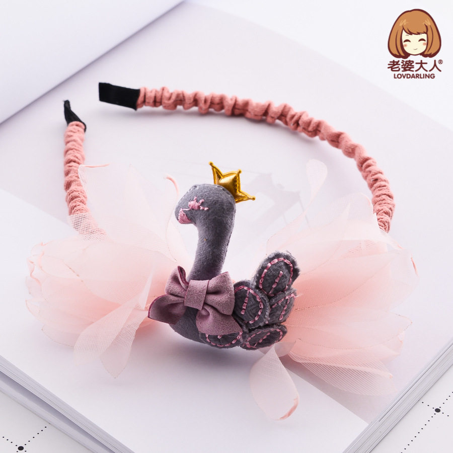 韩版新款烧边花皇冠天鹅网纱夏季新款蝴蝶结布艺女孩发饰品发箍