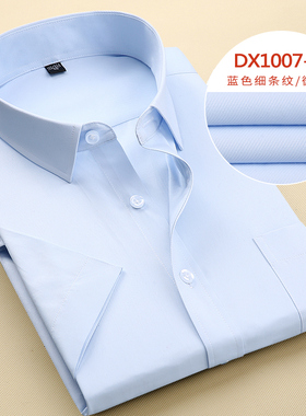 淡蓝色细条纹免烫长袖男衬衫浅蓝斜纹短袖大码衬衣无口袋正装半袖