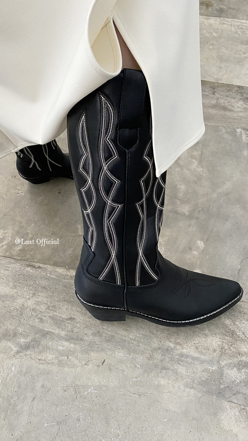 official秋季刺绣尖头中筒骑士靴