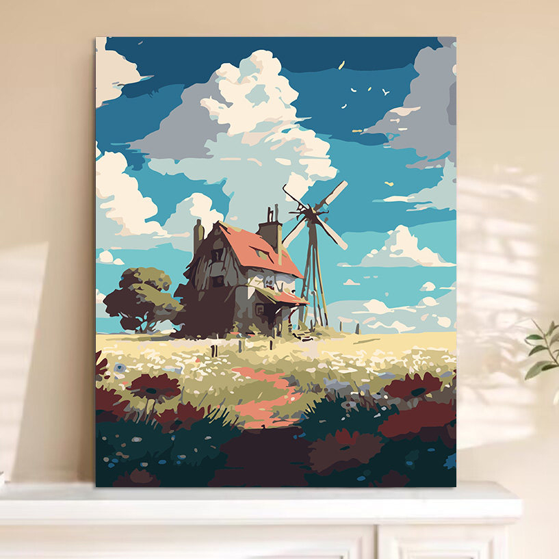 数字油画diy治愈宫崎骏风景画减压解闷手工填充色丙烯油彩挂画画