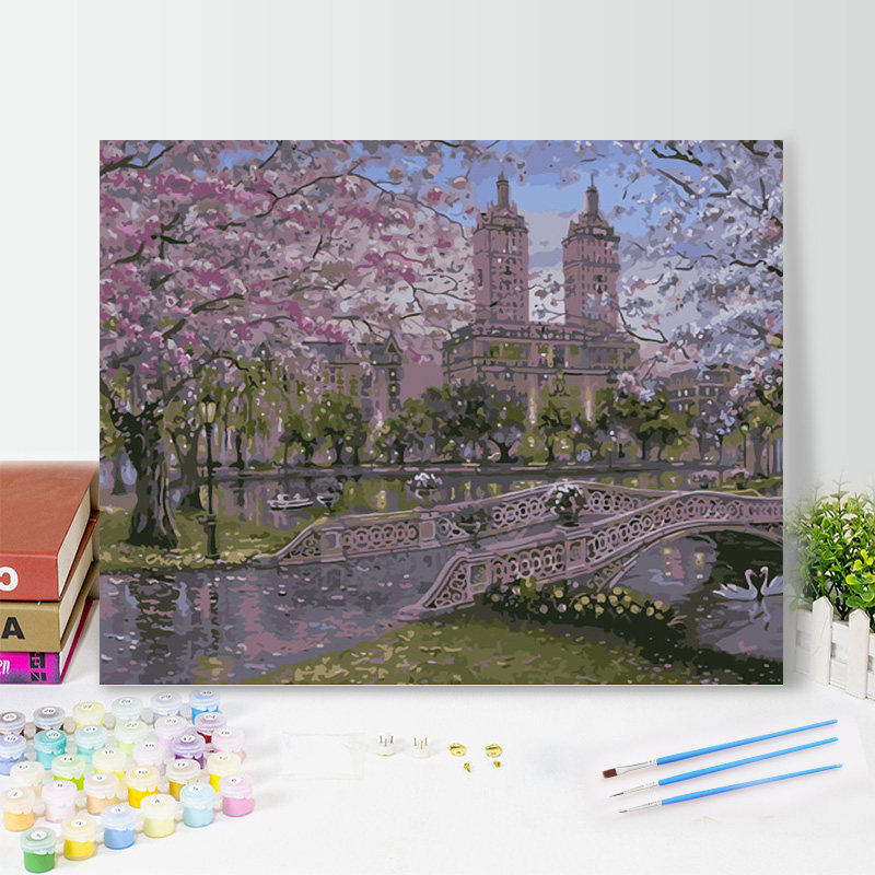 diy数字油画填充伦敦樱花树风景画手绘填色减压解闷手工油彩画画