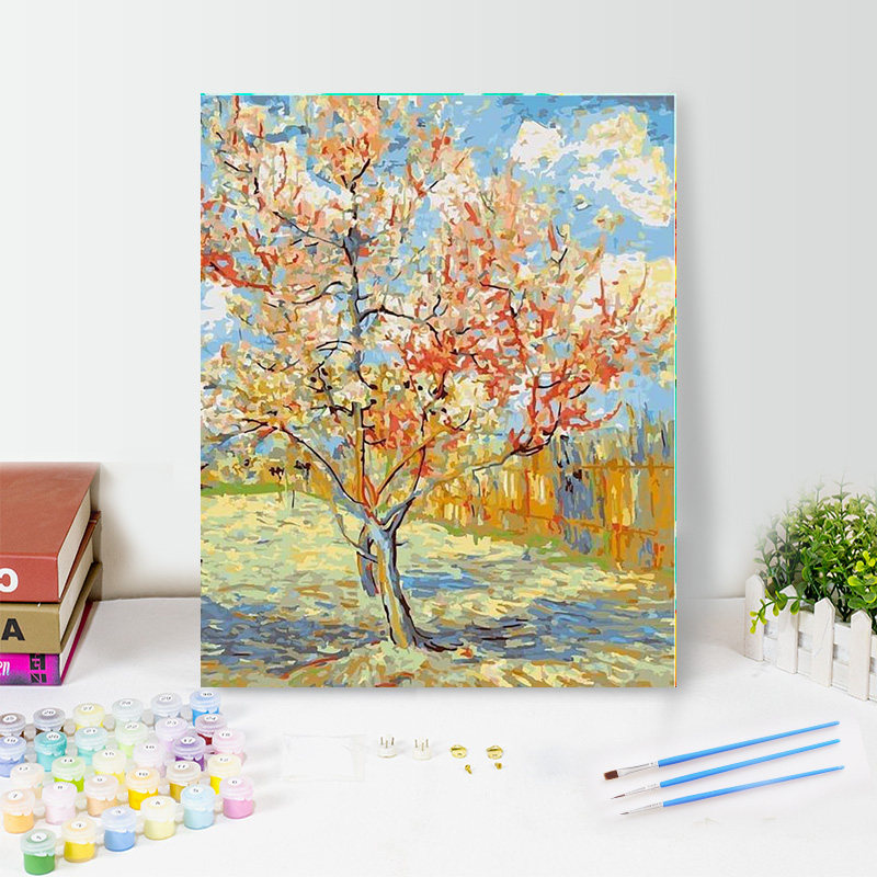 数字油画diy填充梵高名画春天桃花树彩绘手工丙烯装饰填色油彩画