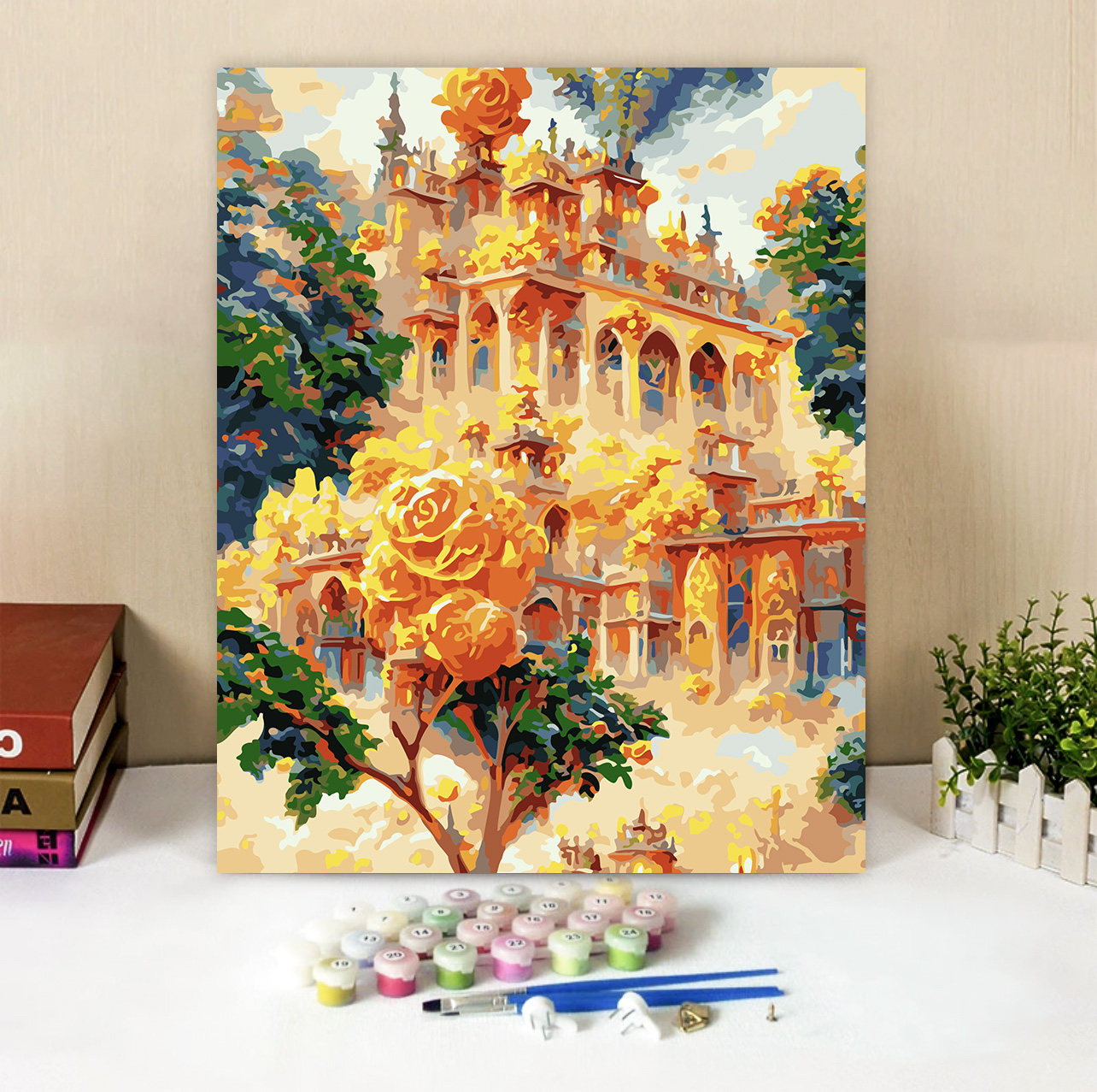 梦幻城堡数字油画手绘diy玫瑰建筑风景画解闷手工填充丙烯油彩画