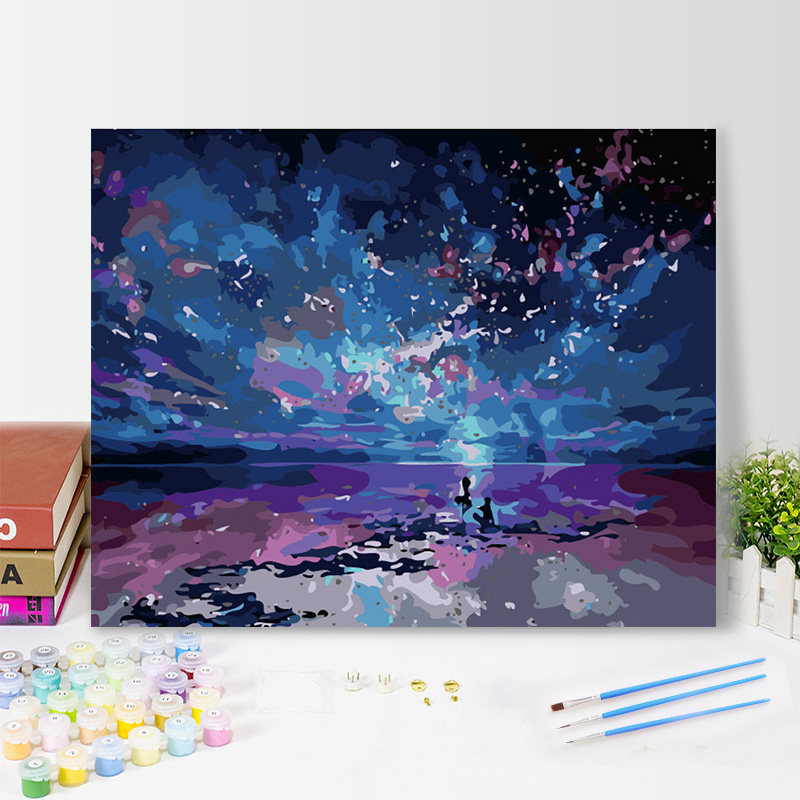 数字油画diy手绘填充蓝色星空风景画解闷手工画画填色丙烯油彩画