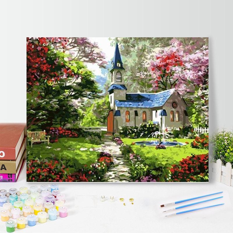 数字油画diy填充手绘欧洲别墅花园建筑解闷手工填色丙烯油彩画画