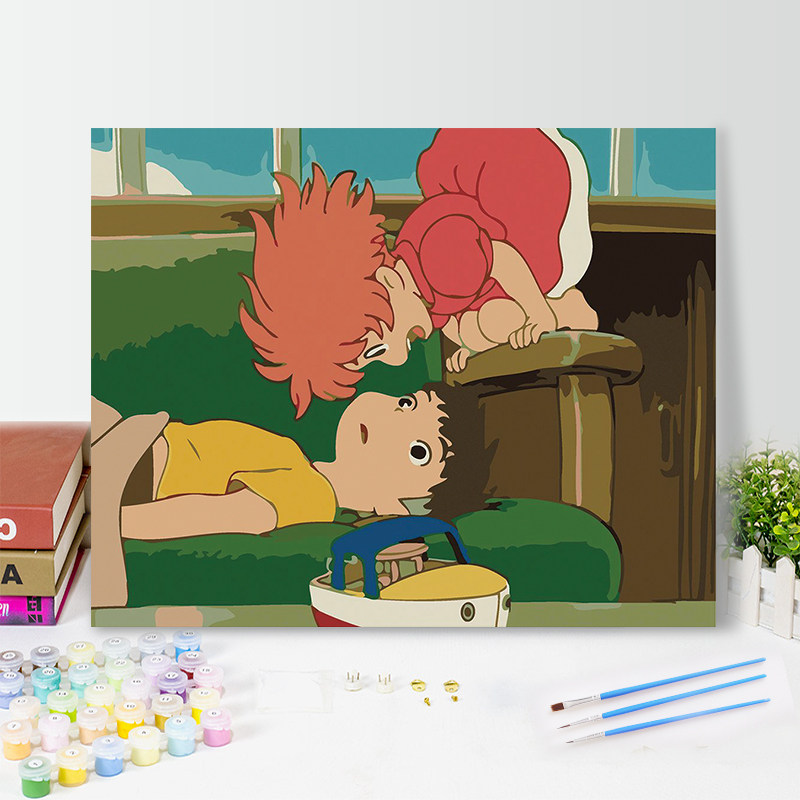 数字油画diy填充宫崎骏治愈系动漫波妞和宗介手工填色丙烯油彩画