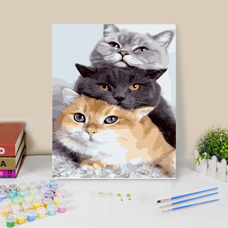 diy数字油画填充手绘可爱三只小猫咪填色解闷手工减压丙烯油彩画