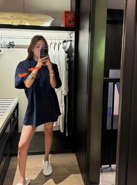 25休闲藏青色圆领短袖T恤女夏季新款百搭刺绣垫肩打底衫宽松上衣