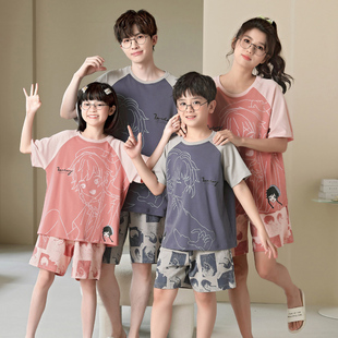 亲子睡衣夏款纯棉短袖套装中大童小女孩网红亲子装母女男款家居服