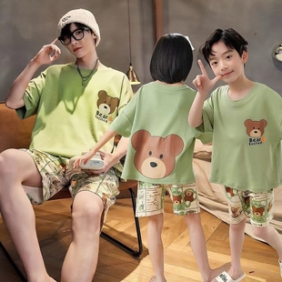 儿童睡衣夏季短袖纯棉薄款男孩中大童亲子一家四口家居服母女套装