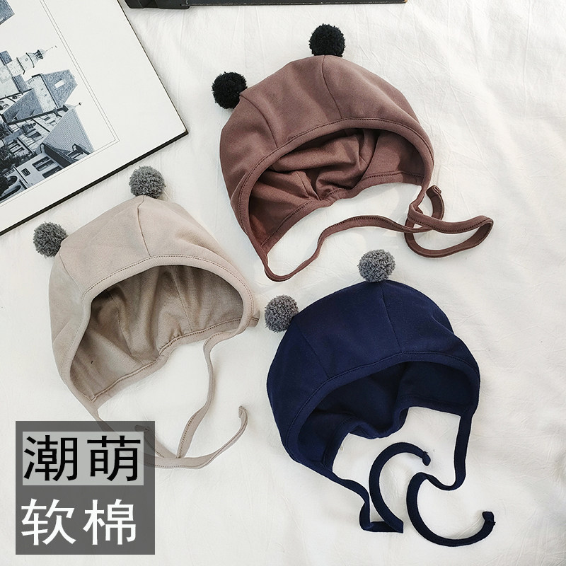 全棉春秋男女宝宝儿童秋冬网红帽子可爱球球防风帽婴幼儿胎帽
