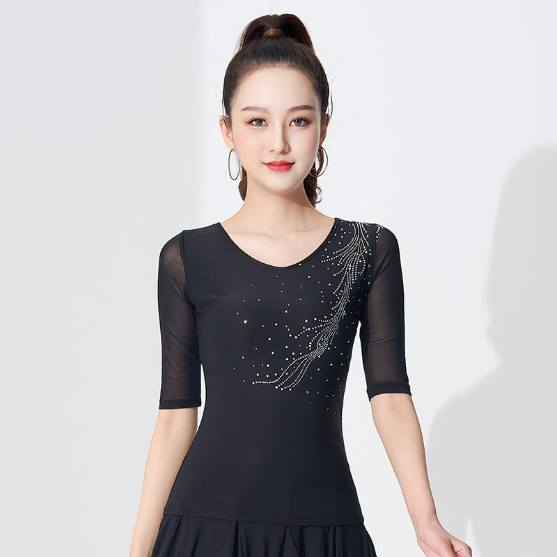 广场舞上衣女V领中袖跳舞服装国标练功烫钻高级华尔兹摩登舞舞衣