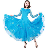 蕾丝交谊舞大摆连衣裙圆领华尔兹舞蹈服成人女摩登舞裙长袖 表演裙
