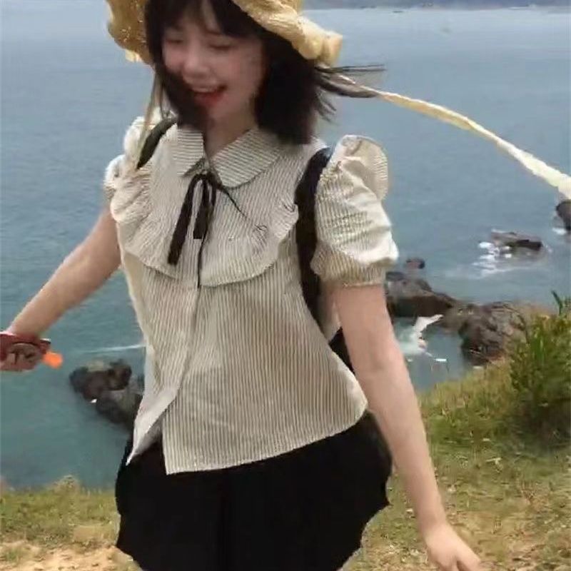 夏日海边度假风小个子木耳边条纹衬衫女学生高腰百褶半身裙两件套