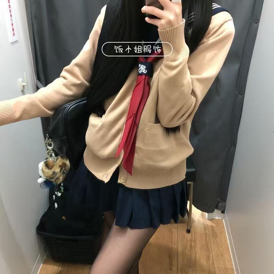 原创jk制服日系校供感基础绀三本水手服上衣针织开衫毛衣叠穿套装
