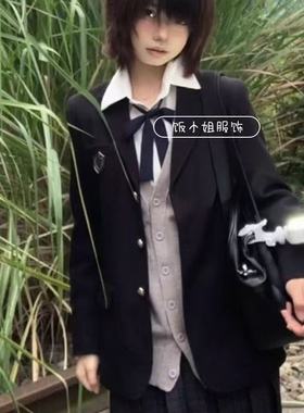 原创JK制服黑色西装高校学姐百搭校供感开衫针织衫jk格裙套装秋冬