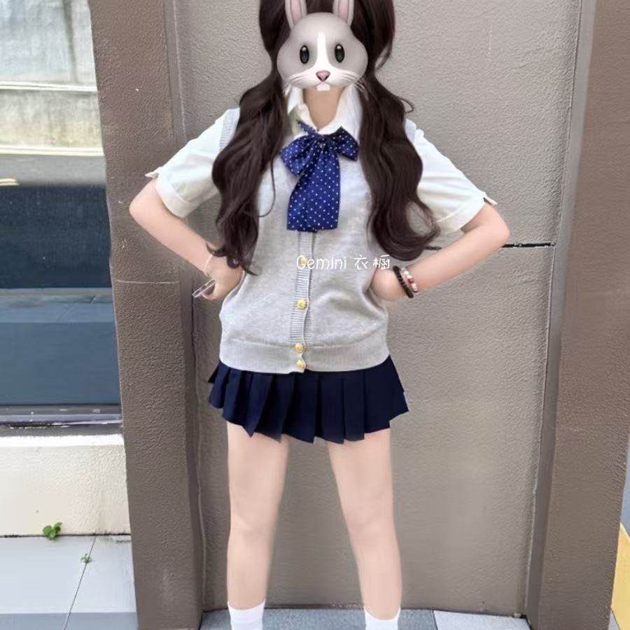 学院制服纯色学生开衫马甲通勤简约百搭叠穿衬衫外穿半身短裙套装