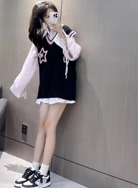 学院风马甲衬衫两件套女开春韩版日系叠穿无袖黑色针织背心外穿