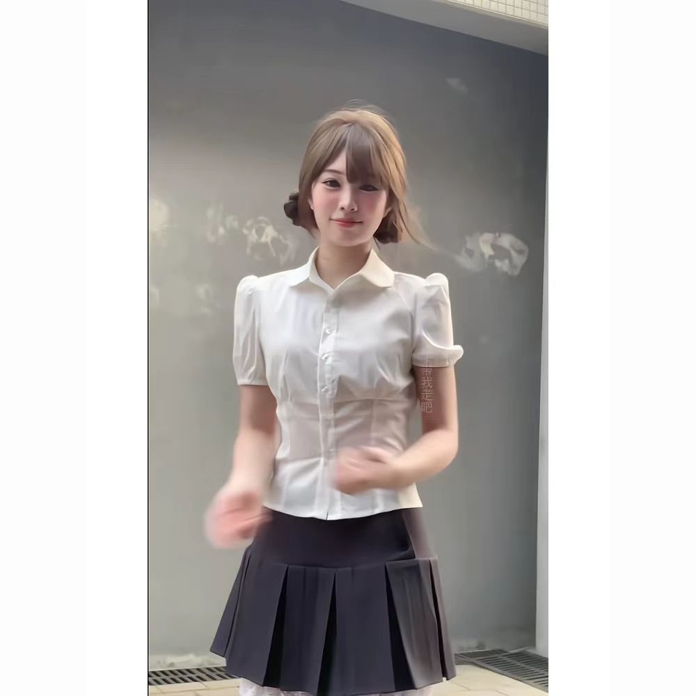 白色POLO领泡泡袖衬衫女夏季韩版甜美风收腰显瘦衬衣百搭短款上衣