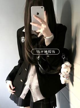 原创JK制服黑色西装正肩外套百搭校供感开衫针织衫jk格裙秋冬套装