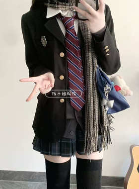 原创jk制服套装春秋正版黑色西装外套女校供学院风双排扣收腰西服
