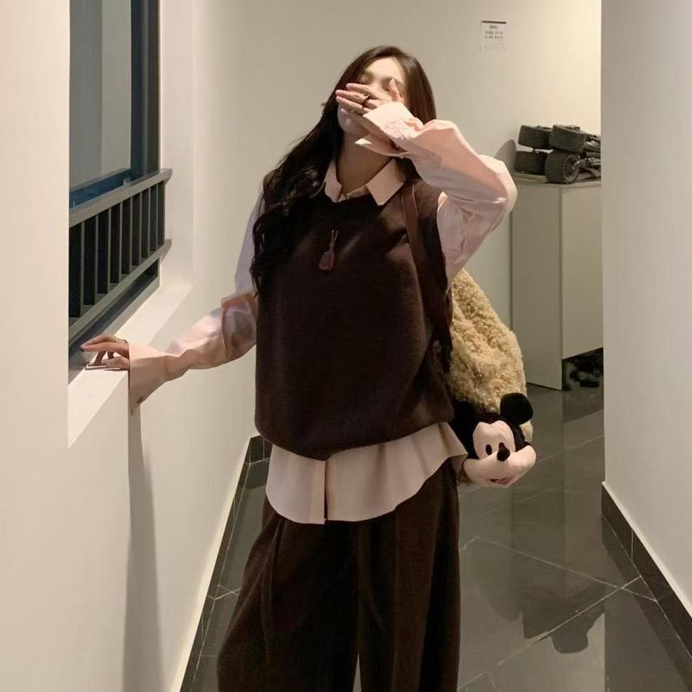 韩系套装叠穿针织马甲粉色衬衫