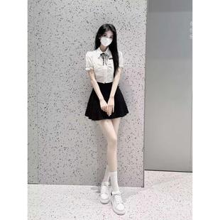 上衣 纯欲polo领白色衬衫 女设计感小众短款 辣妹衬衣褶皱修身 泡泡袖